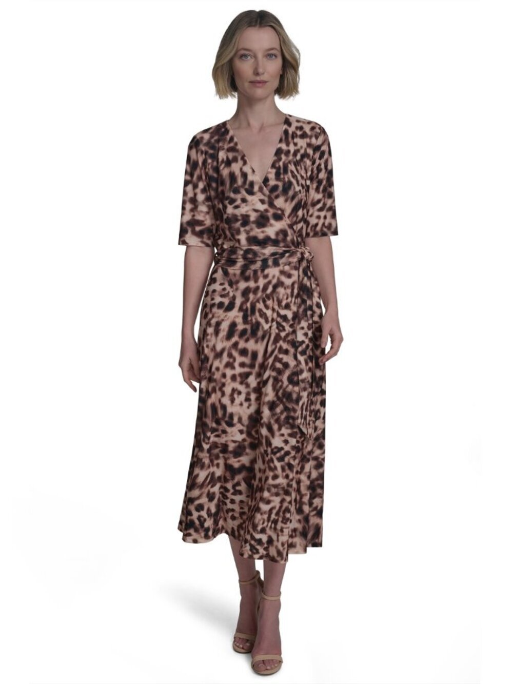 Halston Leopard Print Tie Waist Brown Midi Dress Size 10 NWT